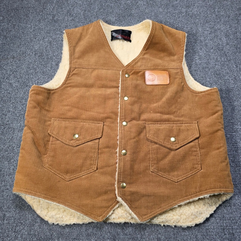Vintage Wiman Mens Brown Corduroy Sherpa Lined V-Neck Vest Made‎ in USA Size L